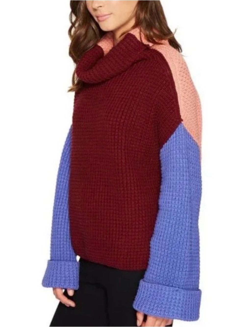 Free People Color-block Burgundy, Salmon & Periwinkle Knit Sweater